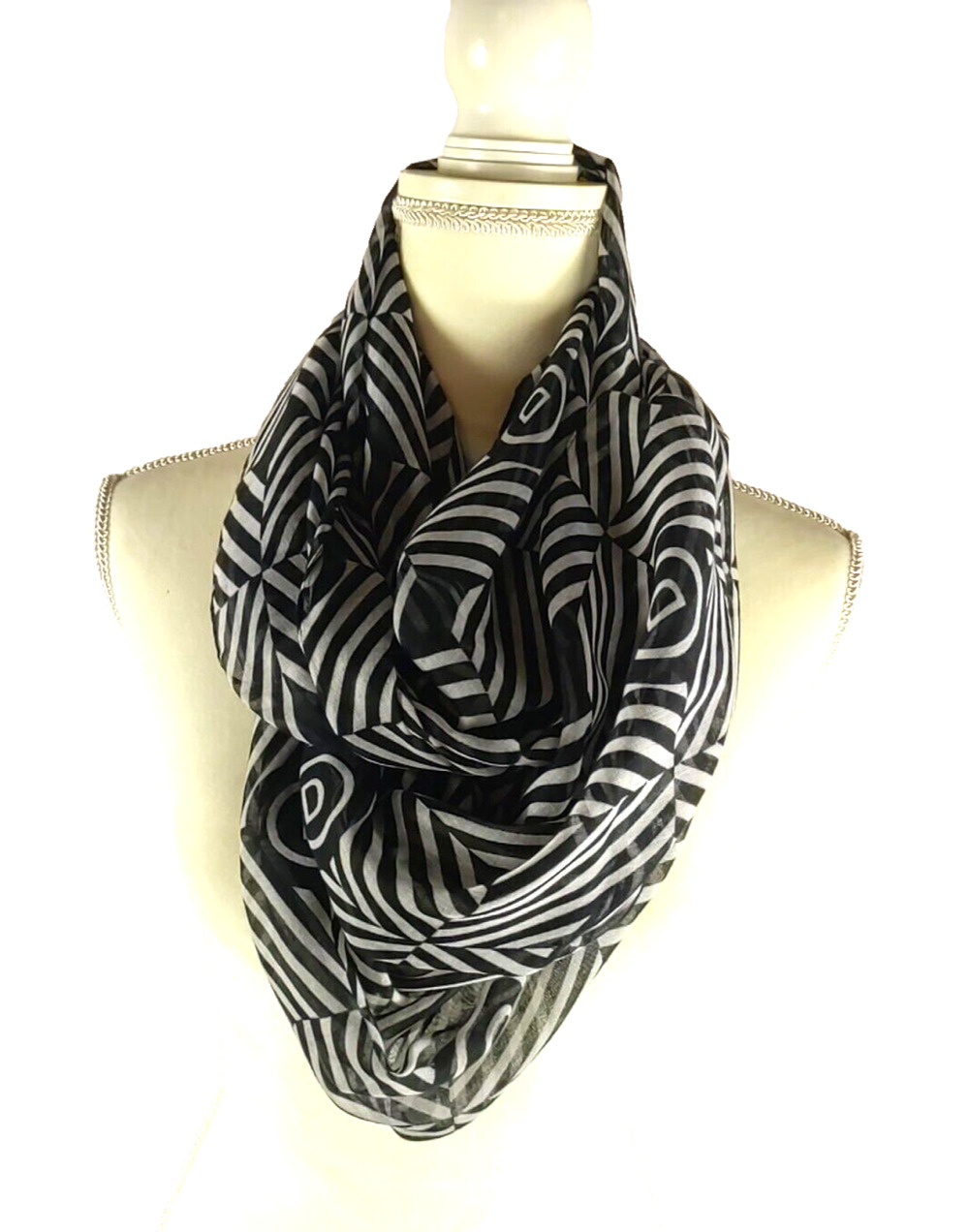 Women's Scarf Black White "D" Infinity 66" X 25 Lightweight